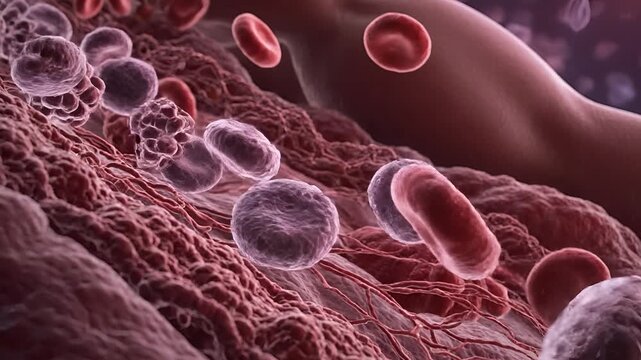 Microscopic View of Blood Cells and Bacteria in Human Circulatory System.