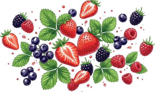 Wild Berry Set with Fresh Strawberries, Blueberries, Blackberries, Raspberries, and Detailed Green Leaves for Healthy Food, Beverage, Cosmetic Packaging, and Watercolor Style VectorsWild Berry Set wit