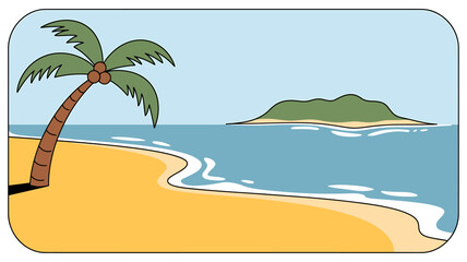 Obraz premium Cartoon palm tree on sandy beach with ocean waves and island in distance scene