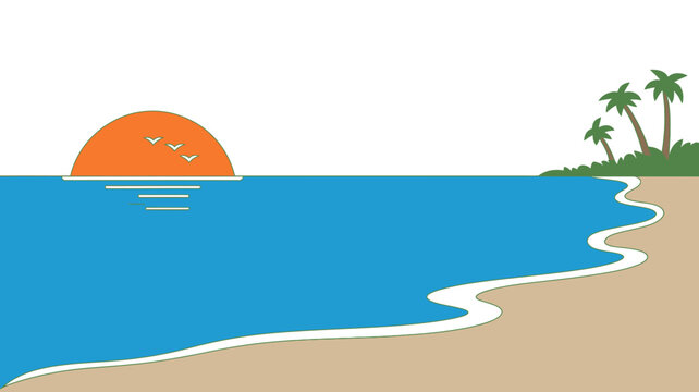 A beach scene with palm trees and a sun setting over the ocean water