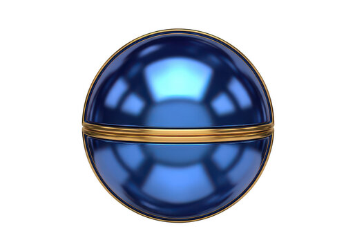 Glossy blue metallic planetary sphere with golden equatorial band isolated on transparent background