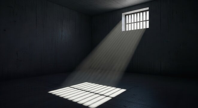 Dark room with barred window and sunlight.
