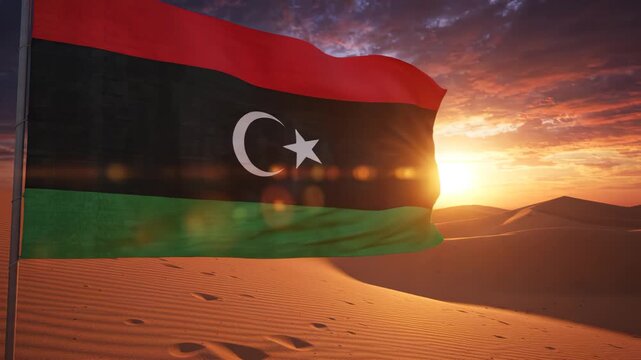 Libyan flag waving in desert sunset