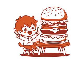Cartoon boy sitting at table with giant hamburger