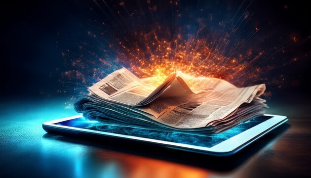 digital tablet transforming old crumpled newspaper into glowing particles representing media transition from print to digital news consumption and journalism evolution