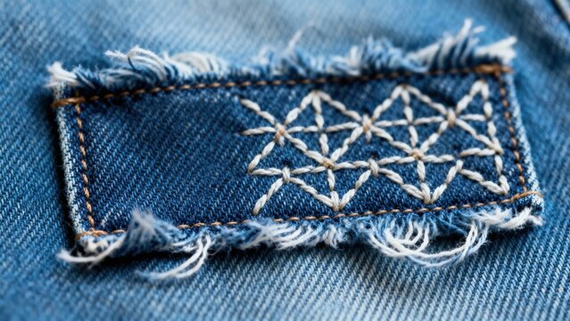 Intricate white embroidered geometric star pattern on frayed blue denim fabric texture, minimalist modern aesthetic for fashion branding and luxury, premium commercial stock image featuring mode siyam