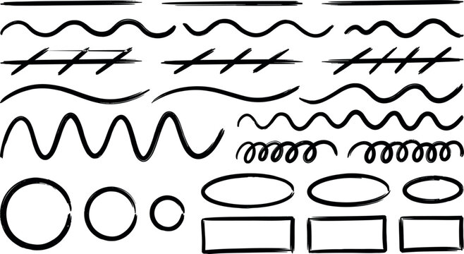Hand Drawn Underline and Highlighting Elements Set with Brush Strokes, Swirls, Arrows, Circles, and Frames for Text Correction and Document Formatting DesignsHand Drawn Underline and Highlighting Elem