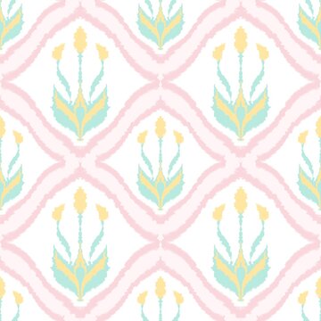 Cute seamless damask ogee pattern with pastel flowers and soft ikat texture. Whimsical Korean minimalist vector background in pink, mint, and yellow for baby nursery decor, and fabric print 