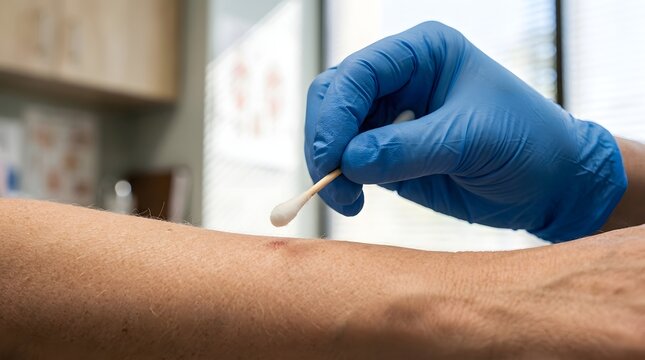 Medical professional in blue nitrile gloves cleaning small skin wound using cotton swab tip.