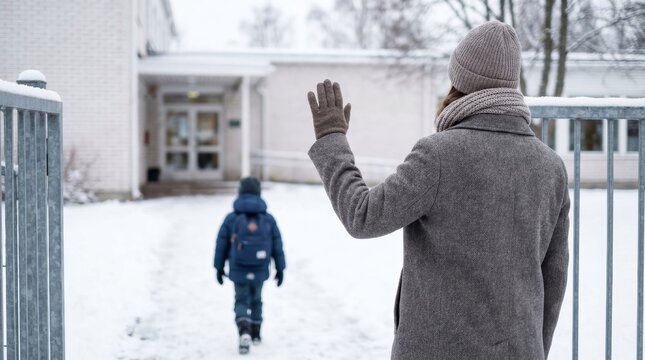 Adult waves goodbye to child walking towards a school building in winter snow