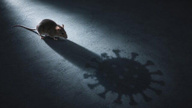 Rodent casting a shadow in the shape of a contagion agent, representing emerging infectious diseases and global outbreaks