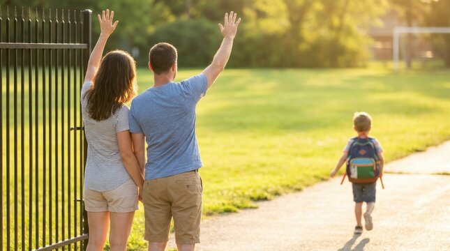 Parents wave goodbye to their child walking towards school in the warm sunlight