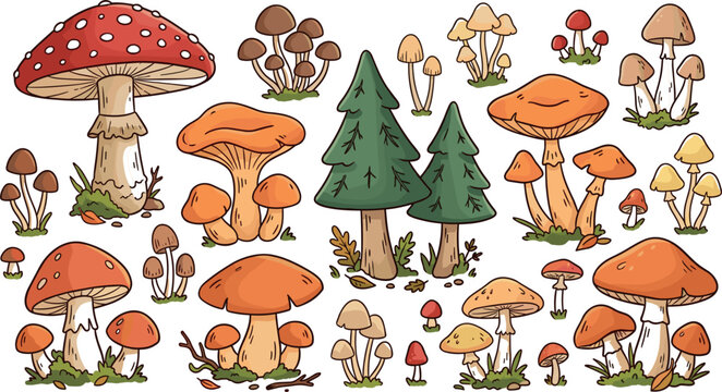 Mushroom Vector Illustration Set with Amanita, Chanterelle, and Forest Trees for Autumn Backgrounds, Nature Botanical Designs, Fairy Tale Crafts, and Fall PatternsMushroom Vector Illustration Set with