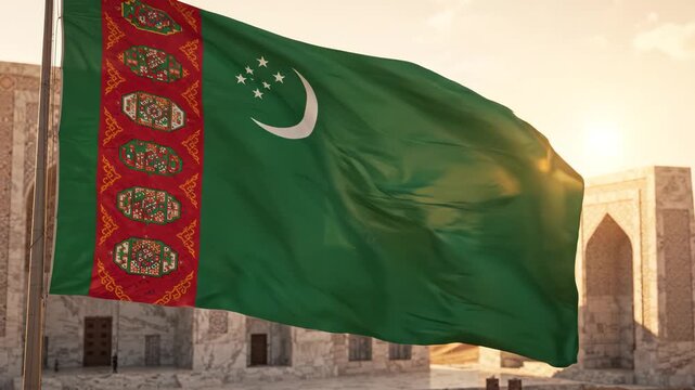 Turkmenistan flag waving in front of mosque