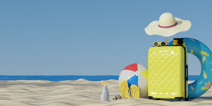 Summer beach luggage with vacation accessories and ball