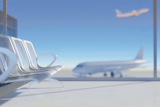 Modern airport terminal with airplane and waiting seats