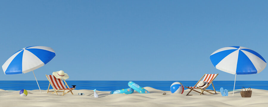 Summer beach panorama with umbrellas and vacation objects