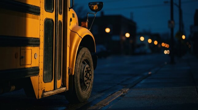 Close up of yellow school bus parked on a street at dusk with glowing lights in the distance