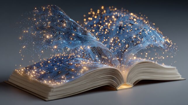 The book featuring digital streams of light symbolises the knowledge of the future and would make a suitable background for an article on education.