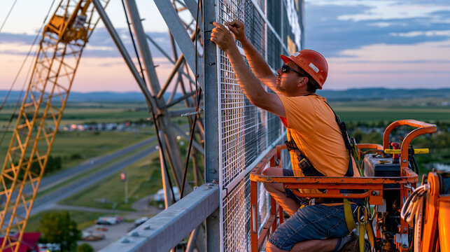 Lone billboard installer on hydraulic li 1