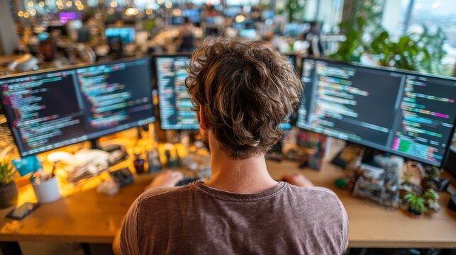 A programmer, surrounded by a cluster of monitors and engrossed in his code, is hard at work, providing the technical backdrop for articles on the digital industry and IT professions.