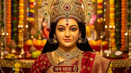 Obraz premium Goddess Durga Idol Decorated with Floral Garlands and Royal Crown