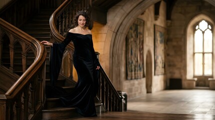 Naklejka premium Elegant woman in black velvet gown and crown posing on gothic staircase