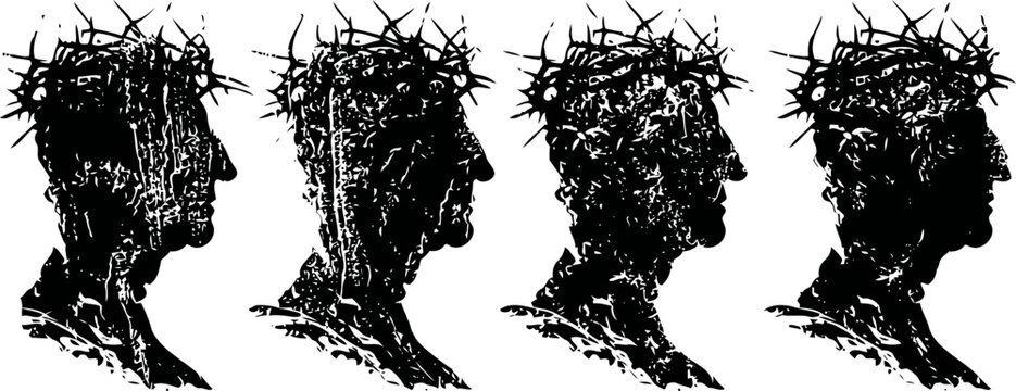 Silhouettes of human heads with thorns illustrating pain, struggle, and mental anguish concepts
