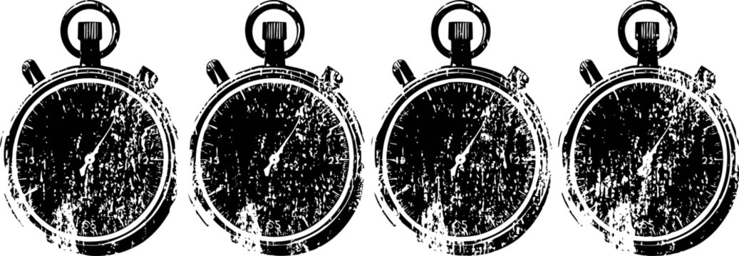 Vintage stopwatch illustrations with distressed texture, four grunge timer icons in a row