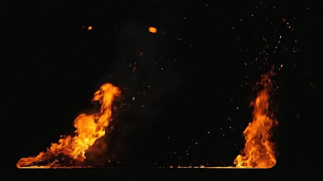 Two separate bright orange flames burning intensely against a solid black background