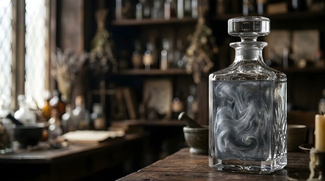 Glass decanter with swirling magical silver liquid on an old wooden table