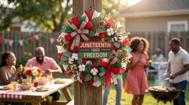 Juneteenth wreath decoration celebration freedom commemorative display for holiday festival community backyard event promotional design
