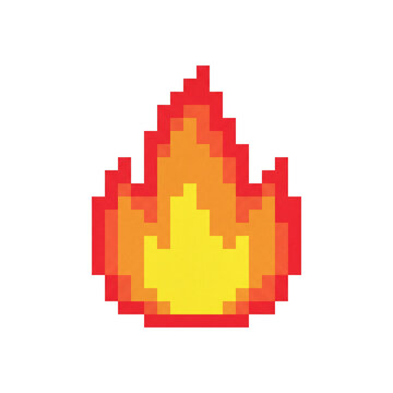 Pixel fire flame transparent PNG icon with red orange retro game blaze design