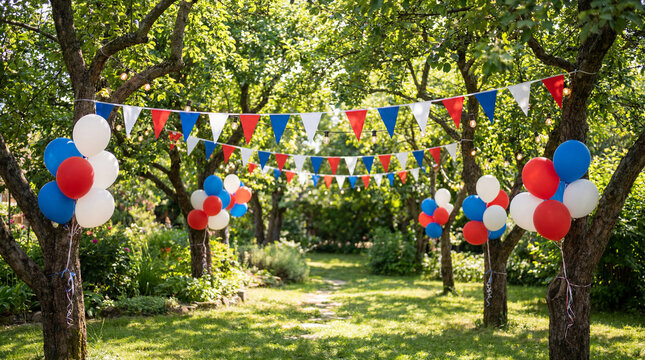 Juneteenth backyard trees decoration bunting string lights balloons celebration for freedom day holiday festival outdoor event design