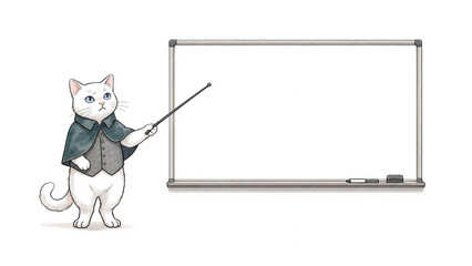 Obraz premium ホワイトボードの前に立つ白い猫のイラスト