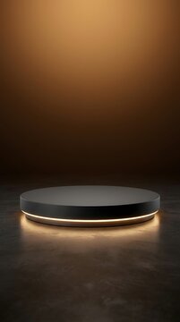 Black circular product display stand with golden underglow on dark surface high quality