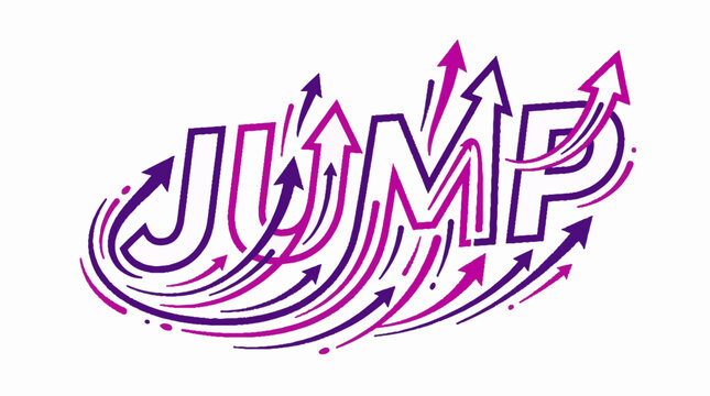 Jump word typography with upward pointing arrows in purple and pink gradient vector illustration