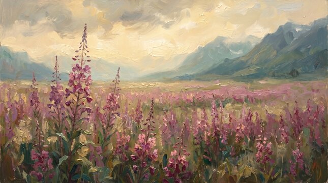 Impressionist Oil Painting of Alaskan Fireweed Wildflower Fields and Mountains