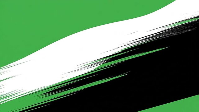 A bold diagonal brush stroke design featuring white and black on a green background