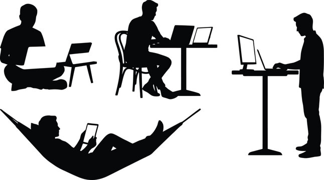 People working on laptops in various relaxed positions