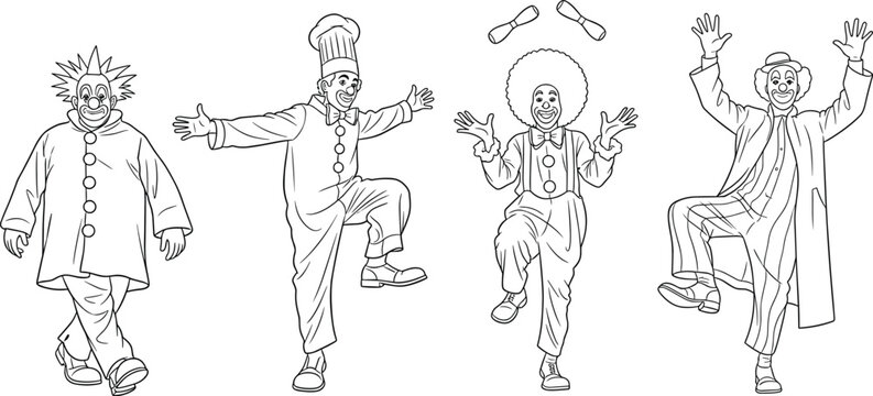 Playful cartoon clowns in colorful costumes performing circus acts with juggling, dancing, and comedy poses, showcasing cheerful entertainment and festive fun