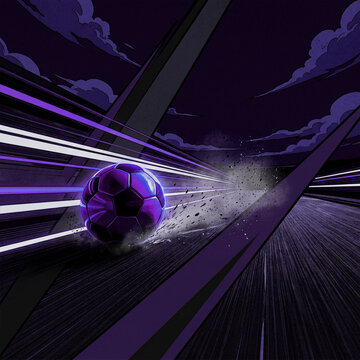 An abstract digital technology background with a globe features a football and  fast motion blur of city traffic and light trails inside a futuristic underground metro train station tunnel