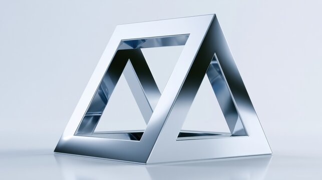 View the penrose triangle structure in polished chrome against a white background with unique lighting creating an optical illusion effect and space.