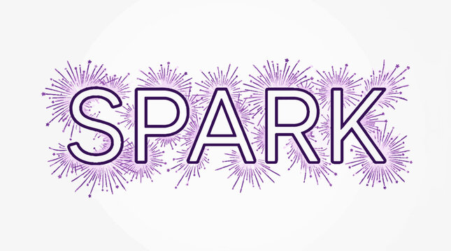 SPARK word in purple outline font with celebratory fireworks bursts on a clean white background, vector illustration