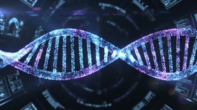 Futuristic DNA helix made of light particles rotating slowly, biotech concept, seamless loop, 4K