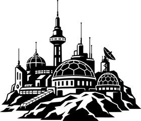 Futuristic science base with communication towers and domes © vexeledge