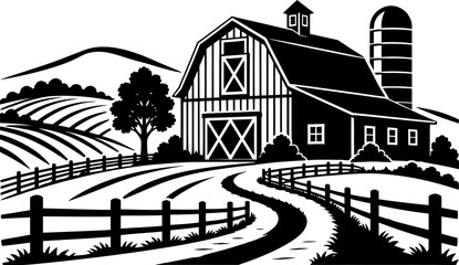 Black and white barn in a rural farm landscape © vexeledge