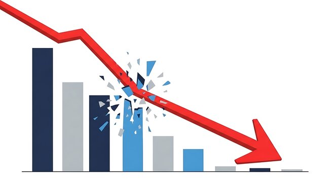 Red arrow crashing down through a broken bar chart symbolizing a financial market crash or economic downturn