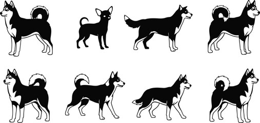 Silhouettes of Shiba Inu, Husky, and Chihuahua dogs in varied postures, showcasing breed diversity and canine design inspiration for artwork © bipul stok