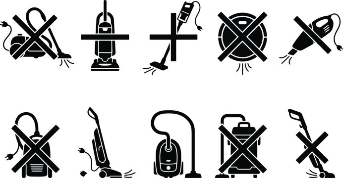 Prohibited Vacuum Cleaner Equipment Icons and Warning Symbols Vector Set for Household Safety Manuals, Cleaning Instructions & Appliance Labels (EPS)